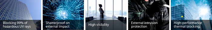 Blocking 99% of hazardous UV rays, shatterproof on external impact, high visibility, external intrusion protection, high-performance thermal blocking.