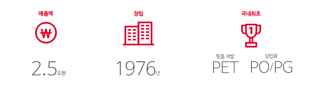 매출액 2.5조원, 창립 1976년, 국내최초 필름개발PET, 상업화 PO/PG